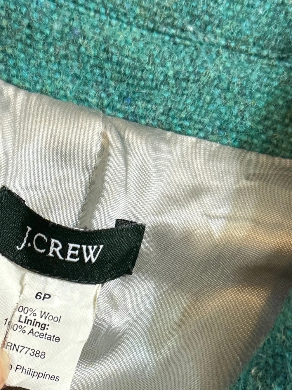 J Crew 100% Wool Green Blazer Jacket Full Lined Size 6P